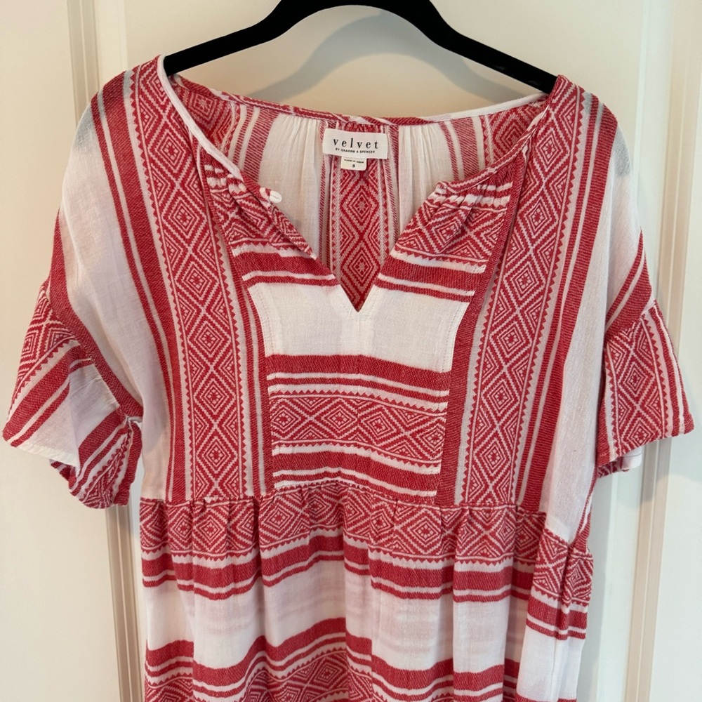 Velvet by Graham & Spencer Janaye Island Jacquard Ruffle Red & White Dress | S - Picture 5 of 9